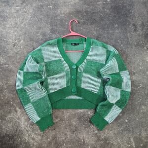 DeFacto Crop Cardigan Sweater Womens XS S Green Check Cottage Preppy Y2K